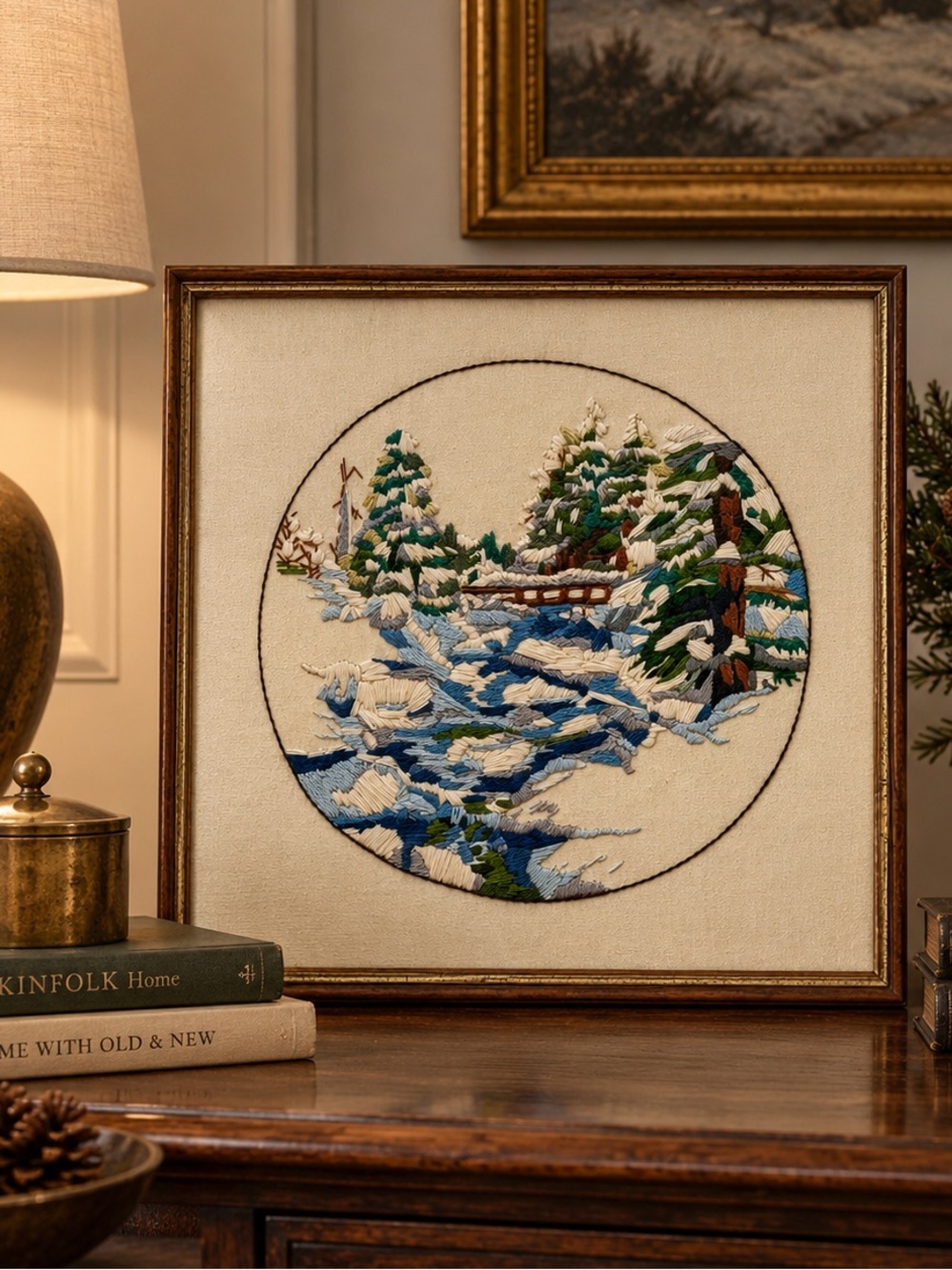 Vintage Framed Crewel Embroidery Winter Forest Snow Scene | 18” x 18”
